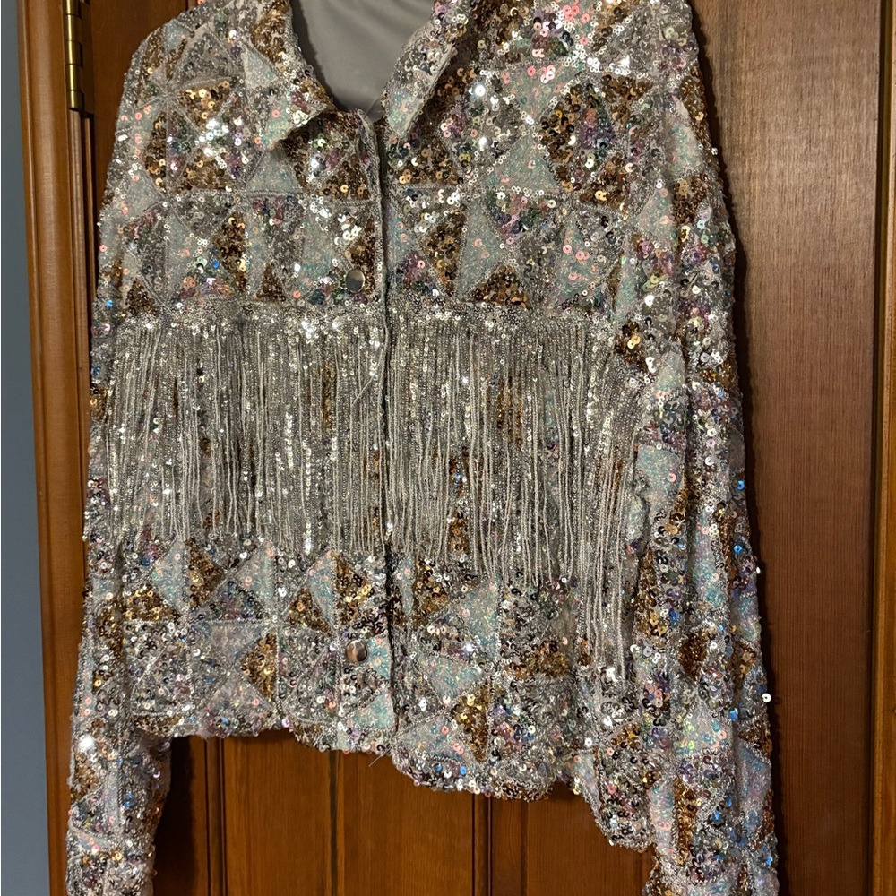 Miss Me Silver and Gold Sequin Cropped Jacket